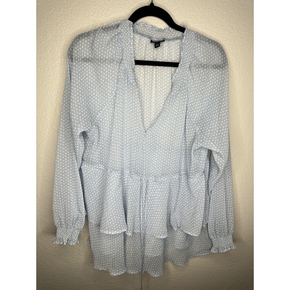 Torrid Blouse Womens 00 US 10 Blue White Polka Dot Tiered Peplum Long Sleeve Top